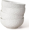 Artena Ceramic Cereal Bowls 26 oz, Embossment Soup Bowls Set of 4, White Salad Bowl for Kitchen, Dinner, Breakfast, Oatmeal, Rice, Pasta, Dishwasher Microwave Safe, 6 inch (Flower)