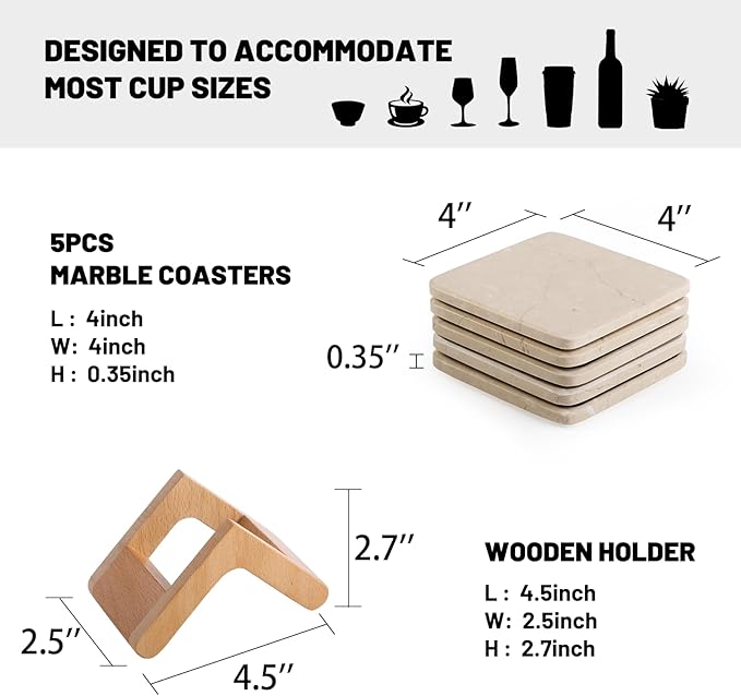 Koville Marble Coasters Set of 5, Square Coasters with Holder for Drinks, 4" Cup Coaster for Coffee Table Home Office Bar Decor, Heat Resistant Decorative Drink Coaster (Brown)