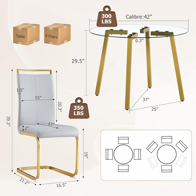 42" Round Glass Dining Table Set for 4,Modern Breakfast Table Set for 4 with Luxury Gold Chrome Legs,Space Saving Kitchen Table and Light Grey Chairs for Apartment,Easy Assembly