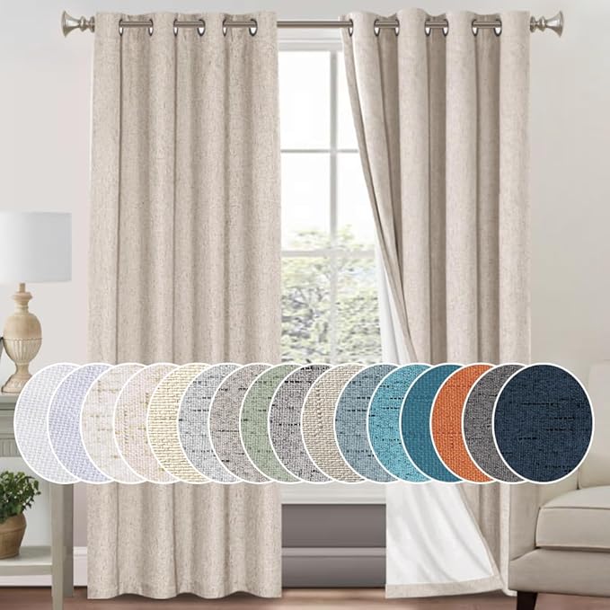 PrinceDeco Primitive Textured Linen 100% Blackout Curtains for Bedroom/Living Room Energy Saving Window Treatment Curtain Drapes, Burlap Fabric with White Thermal Insulated Liner (52 x 96in, Natural)