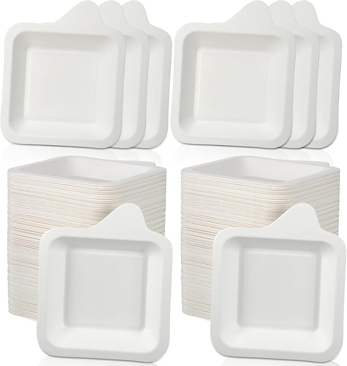 Remerry 300 Pcs Small 4 Inch Paper Plates Bulk Disposable Plates Paper White Square Dessert Cake Party Snack Sugarcane Bagasse Fiber Wedding Birthday Dinner Graduation Pet Feeding (4.41 x 5.24 Inch)