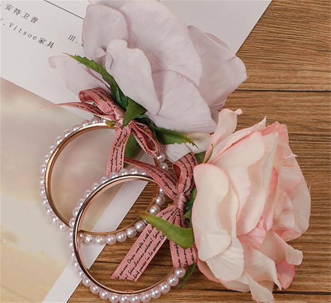 Pearl Napkin Rings Set of 6,Rustic Rose Napkin Rings Flower Dinner Napkin Holder for Table Decoration (21#Peach Pink)