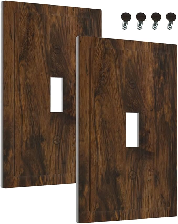 Decorative Light Switch Cover Brown Rustic Wood Grain Vintage Wooden Texture 1 Gang Wall Plate Cover Single Toggle Outlet Covers Switchplate Electrical Faceplate for Cabin Bedroom Decor（2 Pack）