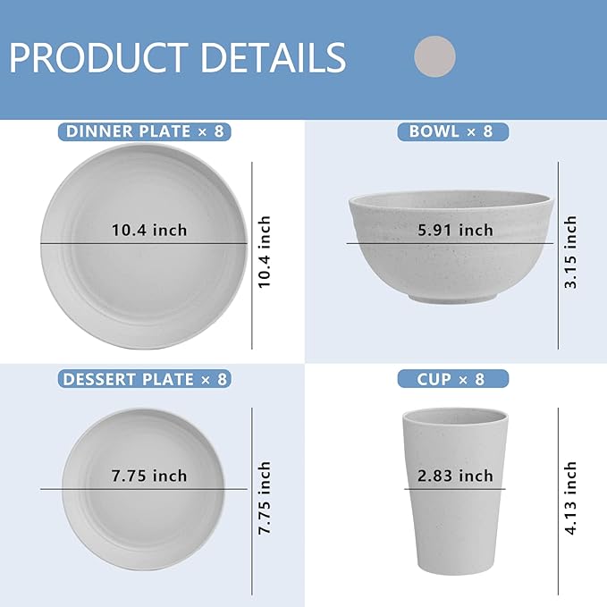 Supernal 32pcs Wheat Straw Dinnerware Sets, Plates and Bowls Sets,Reusable Plastic Plates,Grey Dish Set for 8 include 16pcs Dishes, 8pcs Bowls, 8pcs Cups,Dishwasher Safe.