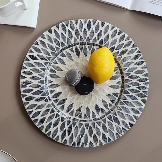 i-lan 2 Pack 13 Inch Mother of Pearl Decorative Charger Plates for Display, Sea Shell Inlay Wood Charger Plates for Dining, Party, Modern Style Decor Placemats for Dinner Plates,Black