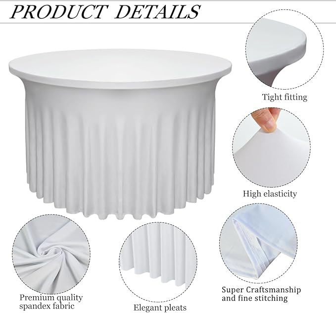 2 Pack White Round Table Skirt, 60 Inch Diameter x 30 Inch Height, Stretch Polyester Spandex Tablecloth for 5ft Round Tables, Stain & Wrinkle Resistant for Wedding, Banquet Decor