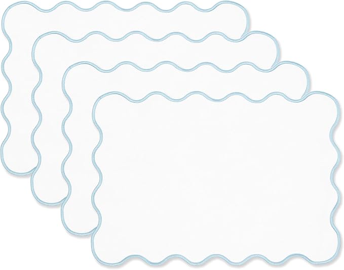 Hofdeco Premium Coastal Patio Indoor Outdoor Placemat Set of 4, 14"x19" Double-Layered, Waterproof Cloth Placemat for Kitchen or Dining Table. Baby Blue Embroidered Solid A