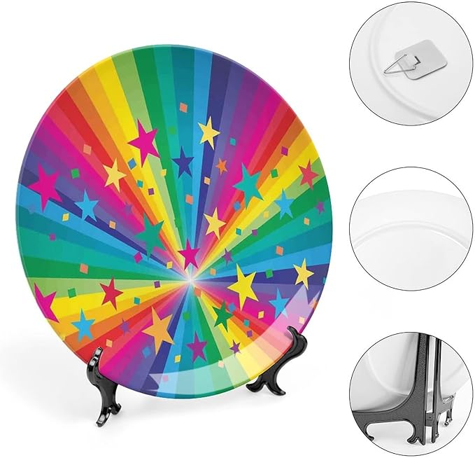 Decorative Plates, Abstract Decor Print Ornament, Abstract Rainbow and Stars Confetti Rays Striped, 8 Inch, Kitchen Wall Decor, Multy