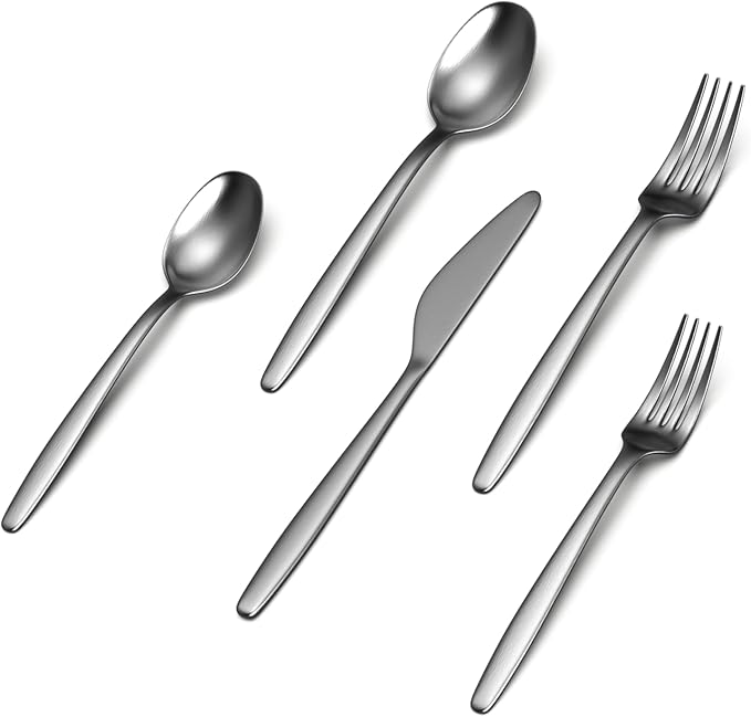 JazzUpCo Tia Flatware non toxic 18/10 stainless steel dishwasher safe (Matte Silver, 12 Person Set (60 Pieces))