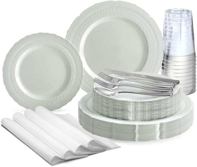" OCCASIONS " 960pcs set (120 Guests) Extra Heavyweight Vintage Wedding Disposable/Reusable Plastic Plates -120x11'' +120x8.25''+Silverware+Cups+Napkins (Chateau Collection Light Gray)