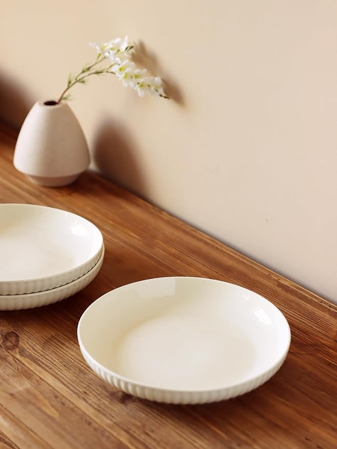 Ceramic Pasta Bowls Set of 4-28oz, Serving Salad, Soup Bowls For Kitchen Shallow Dishes Dinner Bowl, Microwave & Dishwasher Safe- Elegant Cream Color, 8.3in