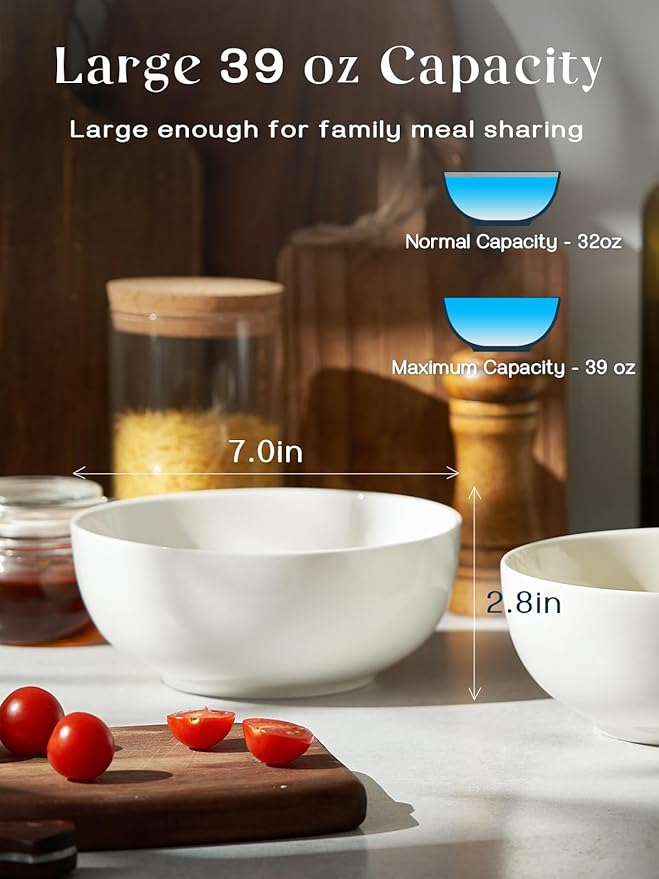 DOWAN 39 OZ Soup Bowls Set of 4 - Large Cereal Bowls, White Ceramic Big and Deep Ramen Bowls for Noodle, Pasta, Salad, Mixed Fruit - Dishwasher & Microwave Safe