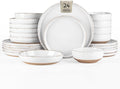 AmorArc 24 Pieces Ceramic Dinnerware Sets for 6, Handpainted Plates and Bowls Set with Rustic Terracotta Underside, Scratch Resistant Stoneware Dishes Set, Dishwasher & Microwave Safe, White