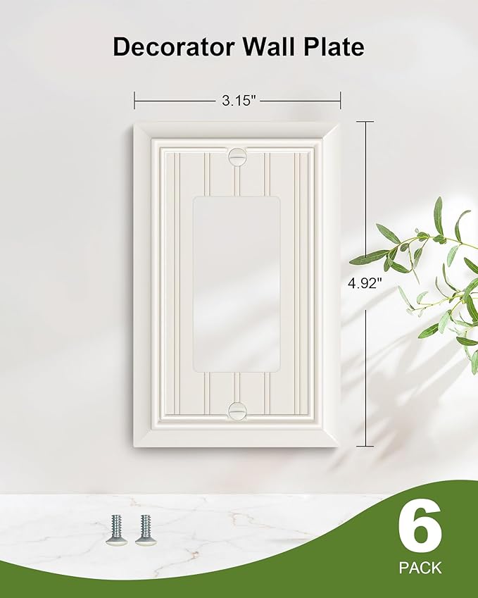 6-Pack Classic Beadboard Decorator Wall Plate Cover, Light Almond Decorative Switch Plates and Outlet Covers, Durable Natural Bamboo Fiber Wall Plates for Electrical Outlets, Receptacle, GFCI Outlet
