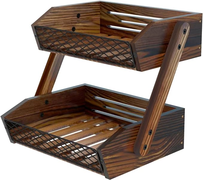 Dorhors Fruit Basket for Kitchen, 2 Tier Fruit Bowl,Kitchen Counter Organizer,Wooden Vegetable Holder for Countertop,Bread Storage Basket Stand