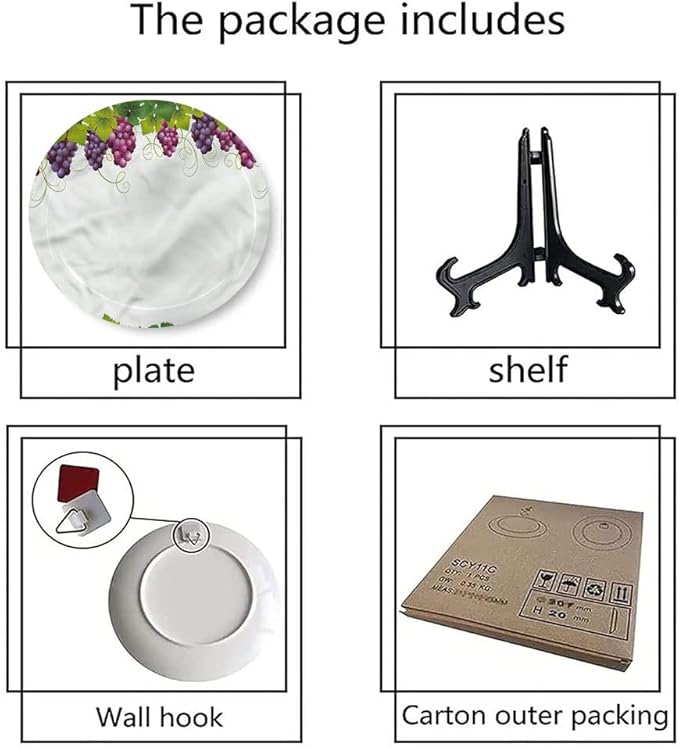 Decorative Plates, Vineyard Print Ornament, Leaves and Ripe Grapes, 6 Inch, 1 Plate with 1 Display Stand, Multicolor