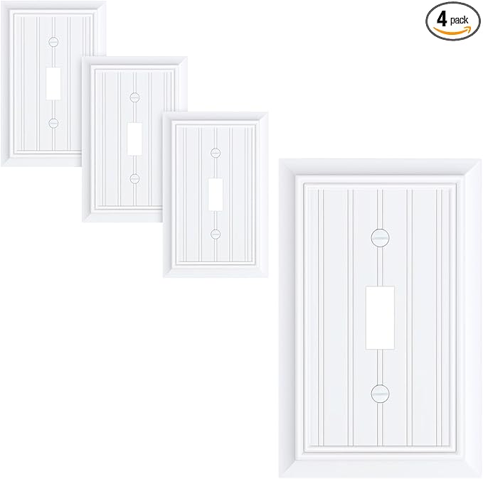 4-Pack Classic Beadboard Single Toggle Light Switch Cover Plate, Durable Natural Bamboo Fiber Decorative Switch Plate Covers, Pure White 1 Gang Wall Plate
