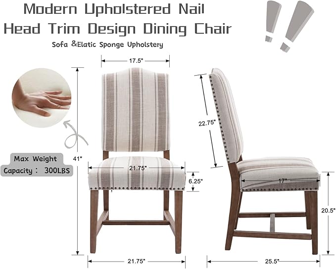 CIMOTA Mid Century Modern Dining Chairs Set of 4, Farmhouse Upholstered Dining Room Chairs Comfortable Kitchen Side Chairs with High Back/Natural Solid Wood Frame, Linen Brown/Beige Stripe