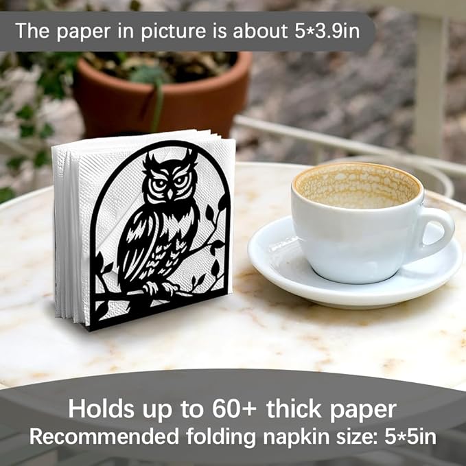 Owl Decorative Black Metal Napkin Holder for Table, 4.9" x 5.3" x 2" Animal Owl On The Branch Standing Napkin Holder for Home Kitchen Restaurant Picnic Party Coffee Bar Dining Room