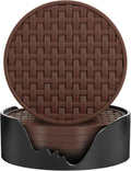 Brown Round Silicone Coasters with Holder, Heat Resistant & Waterproof Cup Mats, 4 Inches Non-Slip Decorative Coster Set 6 Packs for Home, Office, Kitchen, Coffee Bar Table