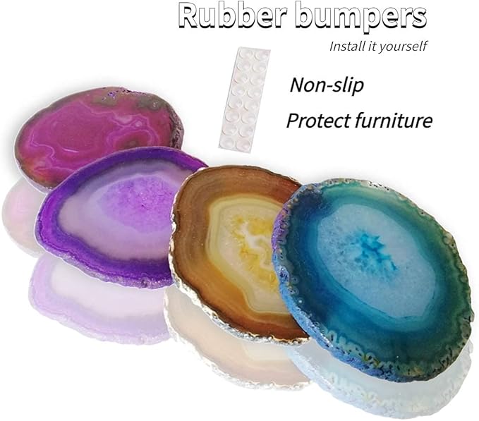 Agate Coaster for Drinks Mixed Color Crystal Coasters Set of 4 with Rubber Bumpers 3-4" for Coffee Wine or Bar Glasses