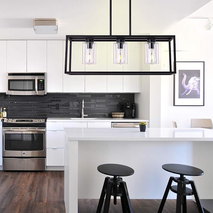 XILICON Dining Room Lighting Fixture Hanging Farmhouse Black 3 Light Modern Pendant Lighting Contemporary Chandeliers with Glass Shade for Living Dining Room Bedroom Kitchen Island
