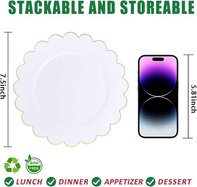 SUT 72Pcs Plastic Plates-7.5inch White Dessert Plates with Gold Trim, White Disposable Plates, Disposable Plates,Fancy Plastic Plates, Heavy Duty Plastic Plates for Parties