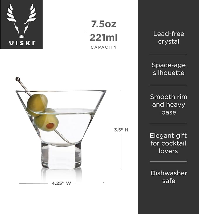 Viski Heavy Base Stemless Martini Glasses Set of 2 - Premium Short Crystal Cocktail Glass Gift Set, 7.5 oz.