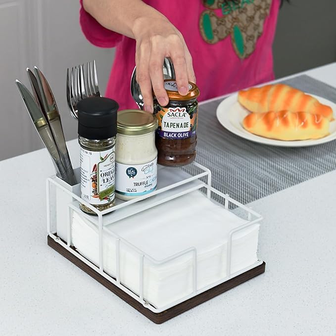 Napkin Holder for Table, Countertop Organizer - Flatware Holder for Forks, Spoons, Knives, Napkin Dispenser and Salt and Pepper Shakers Storage, Kitchen Cutlery Caddy for Dining Table, Buffet, Camping