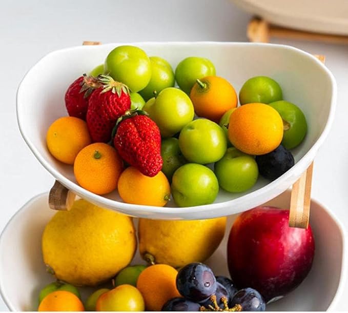jessie 3 Tier Fruit Basket,Ceramic Large Capacity Tiered Fruit Basket Stand,Bamboo Fruit Serving Tray Snacks Nuts Bread Candy Storage Holder (White porcelain)