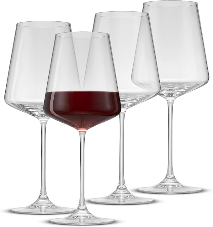 JoyJolt Sidney Burgundy Wine Glasses Set of 4 | 22.5 oz Stemmed Large Red Wine Glasses | Modern Home Bar Glass Set (Clear) | Premium Crystal Stemware Made in Europe