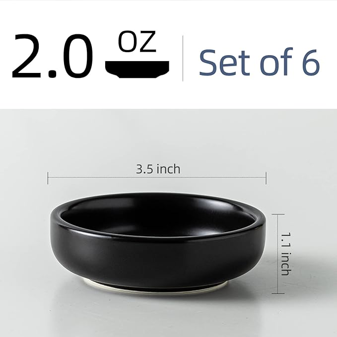 Dipping Bowls Set, Ceramic Dipping Sauce Dishes, 2 oz Soy Sauce Dish, Side Dish Bowls, Small Bowl/Dish for BBQ, Condiments, Appetizer, Dessert, Sushi, Set of 6 (Black)