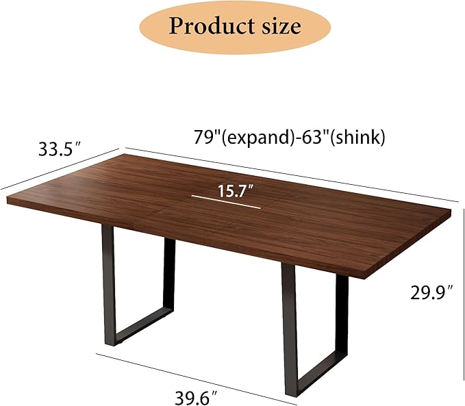 ZckyCine 63''-79'' Extendable Dining Table for 6-8 People, Walnut Finish Modern Rectangular Kitchen Table with Metal Legs, Expandable Dinner Table for Dining Room or Kitchen