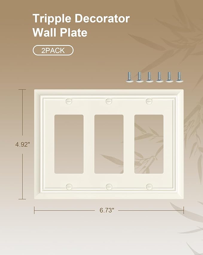 2-Pack Decorative Tripple Decorator Outlet Cover Plate, Durable Natural Bamboo Fiber Light Almond Wall Plate for Electrical Outlets, Receptacle, GFCI Outlet, Dimmer Switch, 3-Gang, Corrosion Resistant
