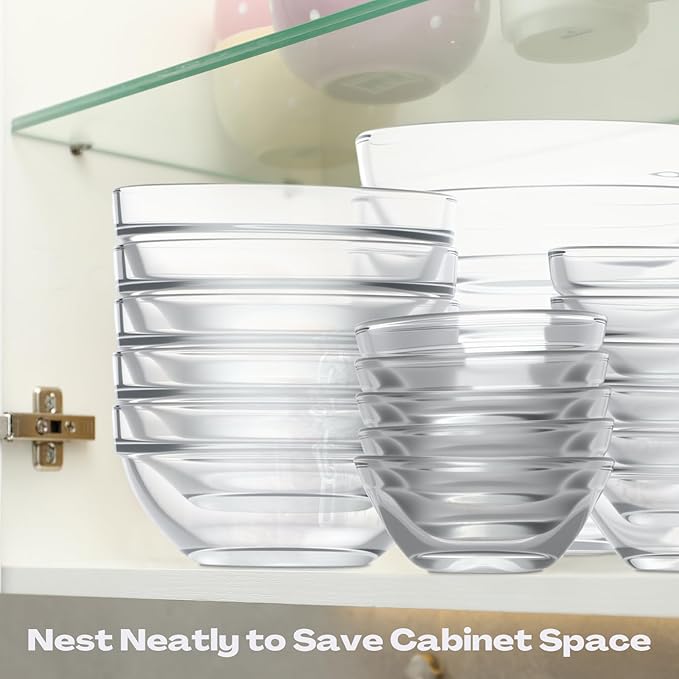 LemonRoad 20 Pcs Glass Prep Bowls Sets 4 Sizes 1.5/2.5/4.5/8.5 oz Cooking Clear Small Prep Pinch Bowls Mini Stackable for Toppings, Kitchen, Salt, Spices, Dipping, Baking & Meal