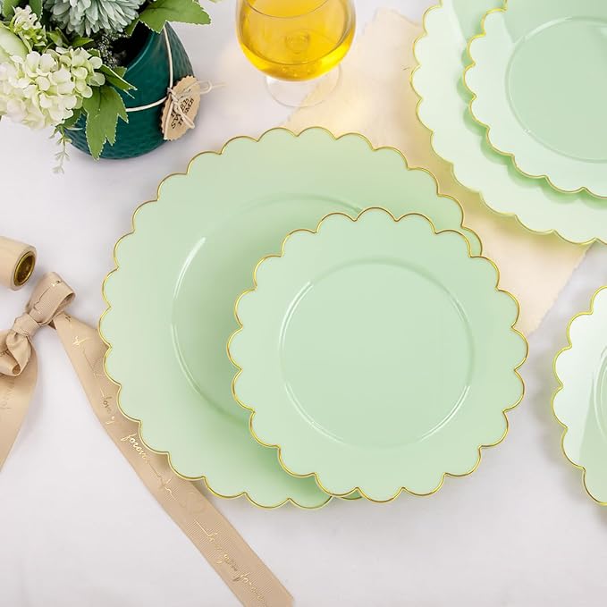 LIYH 60 Pcs Light Green Plastic Plates with Gold Edges, Disposable Sage Green and Gold Plastic Plates Includes: 30 Dinner Plate 10.25 Inch and 30 Dessert Plate 7.5 Inch