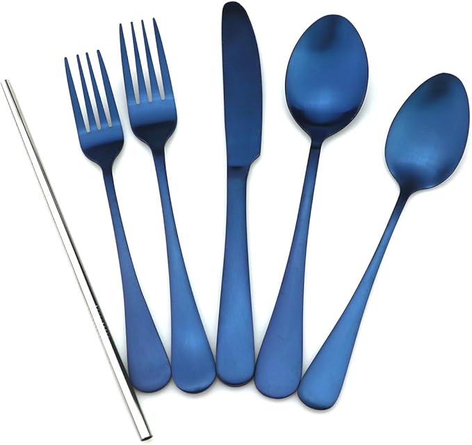 JASHII Modern Royal 5 Pcs Matte Blue 18/10 Stainless Steel Utensils Cutlery Dinnerware Set w/Straw, Knife Fork and Spoon Flatware Set for Wedding Festival Christmas Party Service for 1