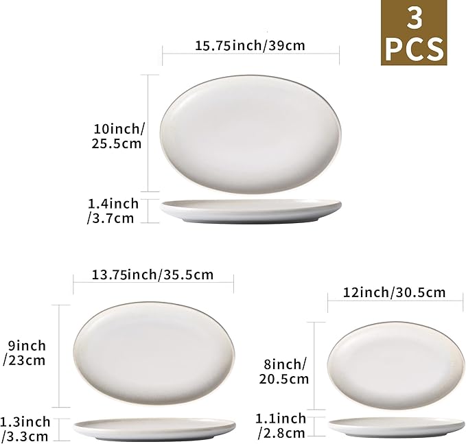 Ceramic Large Serving Platters- Set of 3 Oval Platters for Entertaining. Kitchen Dishes for Dinner, Fruit, Salad, Turkey, etc. Oven, Dishwasher Safe, 15.75"/13.75"/12",Mixed White