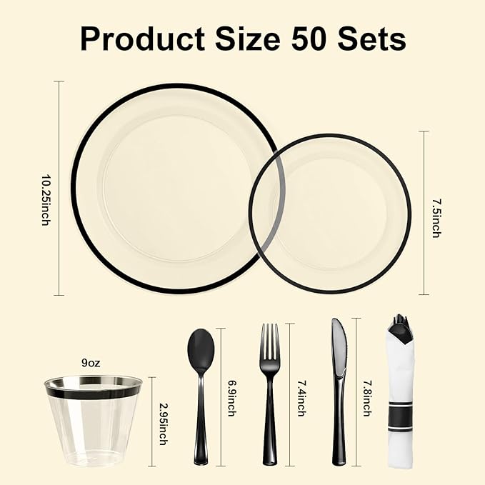BESTSTAR 350PCS Clear and Black Disposable Plates Set for 50 Guests, 100 Plastic Plates, 50 Plastic Cups, 50 Pre-Rolled Napkins with Cutlery for Party, Thanksgiving, Birthday, Halloween, Christmas