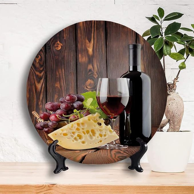 Ceramic Display Plate, Wine Ceramic Hanging Decorative Plate, Red Wine Cabernet Bottle and Glass Cheese and, 10 Inch, Household Custom Ceramic Plate, Brown Burgundy Cream