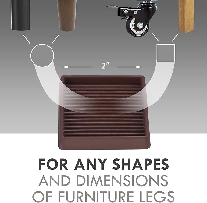 2X2 Rubber Caster Cups, Non Slip Furniture Pads, Anti-Slip Gripper, Anti Skid Furniture Feet, Anti Slide Floor Protector for Bed Couch Table Chair Stoppers - 12 Pack, Brown