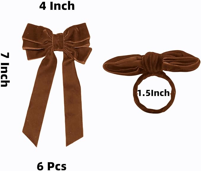 Bow Napkin Rings Set of 6 Luxury Soft Brown Velvet Napkin Holders, Elegant Bow Design for Christmas Holiday Dinner Wedding Party Table Decor