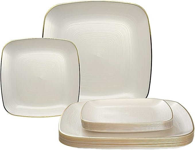 " OCCASIONS " 240 Pieces Pack,(120 Guests) Premium Wedding Party Disposable Plastic Plates Set -120 x 10'' Dinner + 120 x 7'' Salad/Dessert (Belize Square in Ivory & Gold)