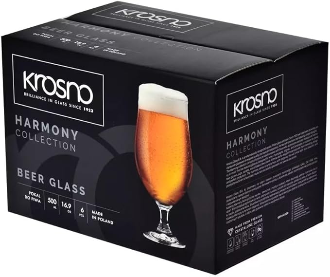 Krosno Lager Beer Glasses, Set of 6, 16.9 oz, Belgian Style Glasses, IPA, Craft Beer Glasses, Harmony Collection, Dishwasher Safe, Made in Europe