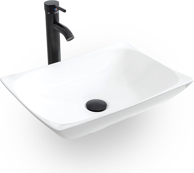 eclife Bathroom Ceramic Sink Bowl Classic White Curved Porcelain Vessel Sink and Faucet Combo for Bathroom Countertop Bowl Sink & ORB Pop Up Drain (T32)
