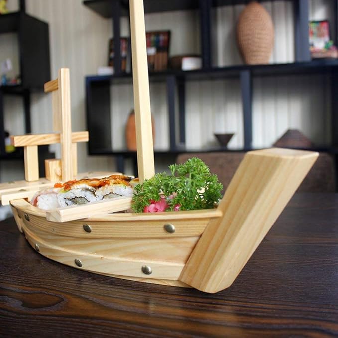 Kichgather 20" Wooden Sushi Serving Tray Boat Plate for Restaurant or Home