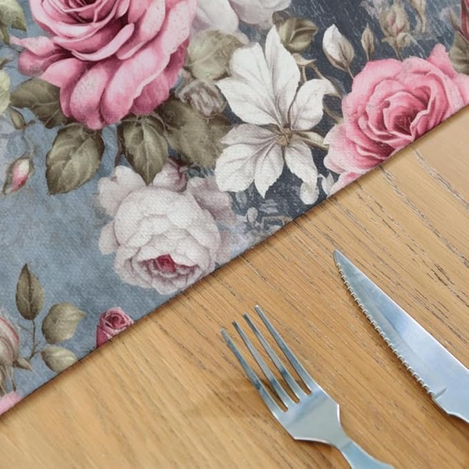 12"x18" Pink White Rose Florals Grey Vintage Flowers Placemats Set of 4 Washable Thick Place Mats Kitchen Table Mats Decorative Linen Fabric Table Mat for Dining Table Kitchen Home Decor