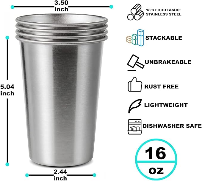 4 Pack 16oz Stainless Steel Pint Cup,Healthy Unbreakable and Stackable,Metal Drinking Glasses