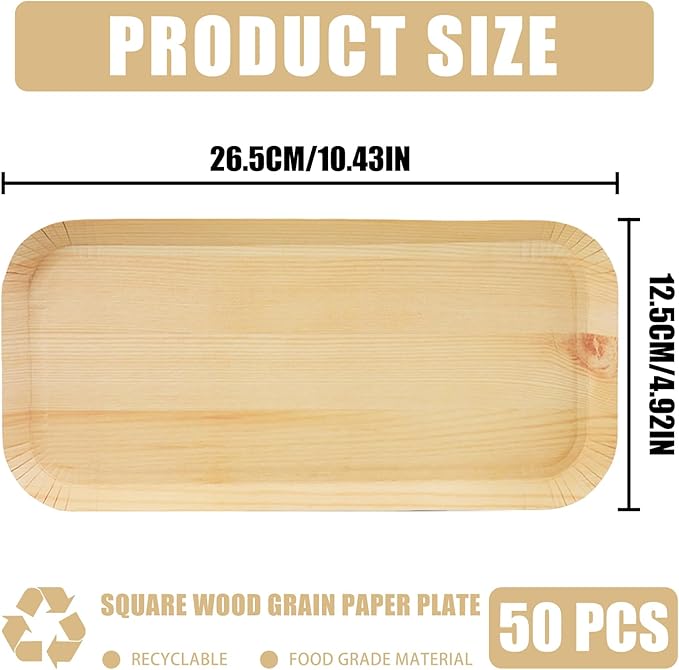 50 Pcs Wood Grain Paper Plates, 10 Inch Rectangular Wood Paper Plates, Rustic Disposable Plates for Woodland Baby Shower, Camp Fire, Camping, Lumberjack Birthday Party Supplies (L)