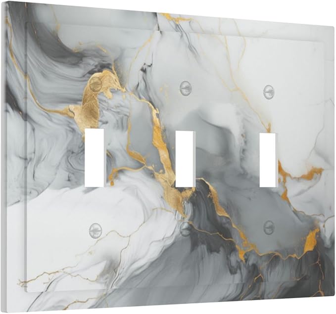 Light Switch Cover Gray/Gold Marble Abstract Modern Luxury 3 Gang Wall Plate Triple Light Switch Plate Toggle Decorative Outlet Covers Electrical Switchplate for Bathroom Bedroom Decor
